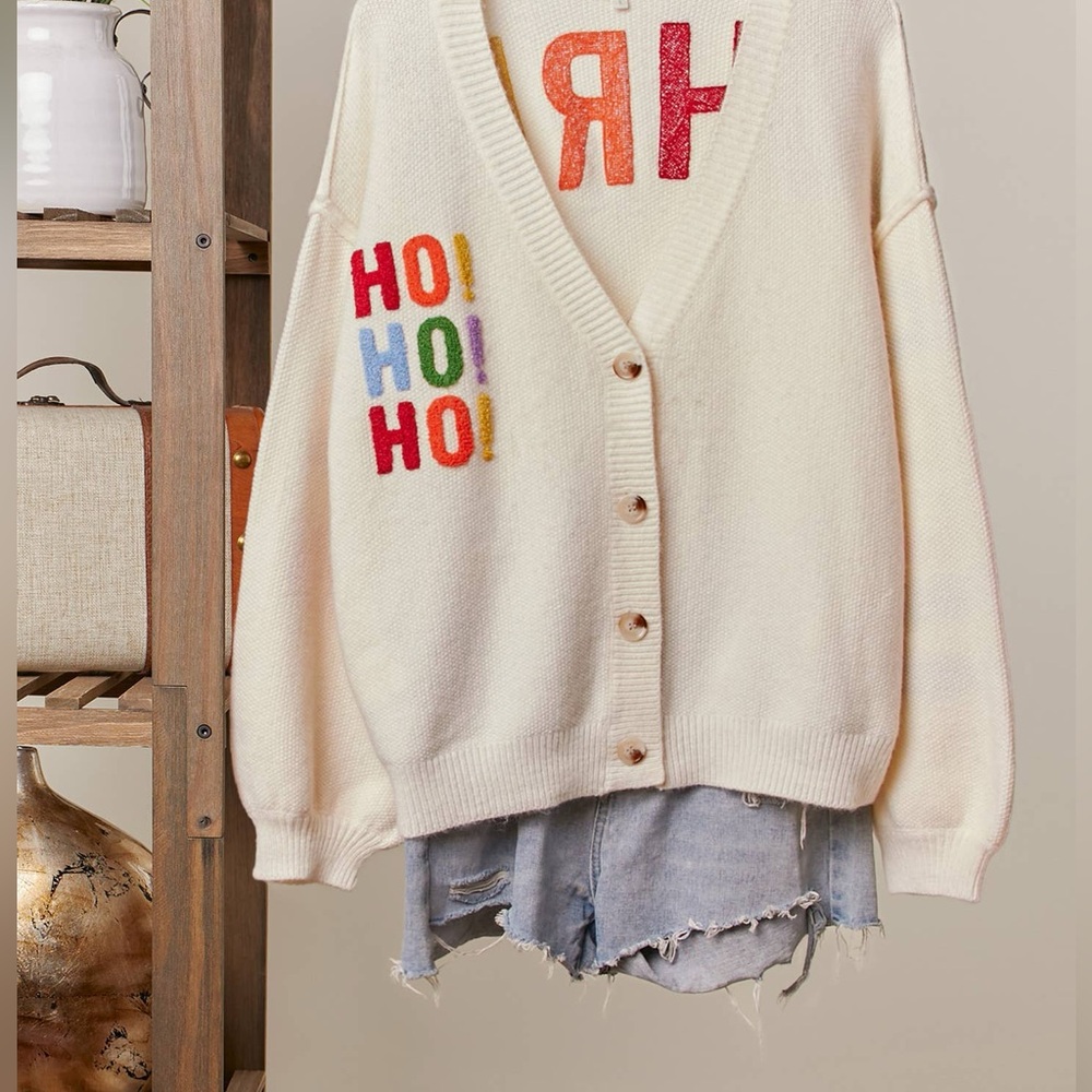 3D Off White MERRY CHRISTMAS Rainbow Raised Letters Long Sleeve Cardigan Sweater